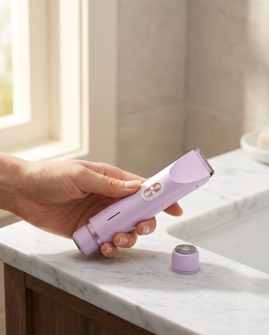 A hand holding the lilac trimmer on a marble bathroom counter with the round foil head detached beside it, showing both heads and the size in the hand
