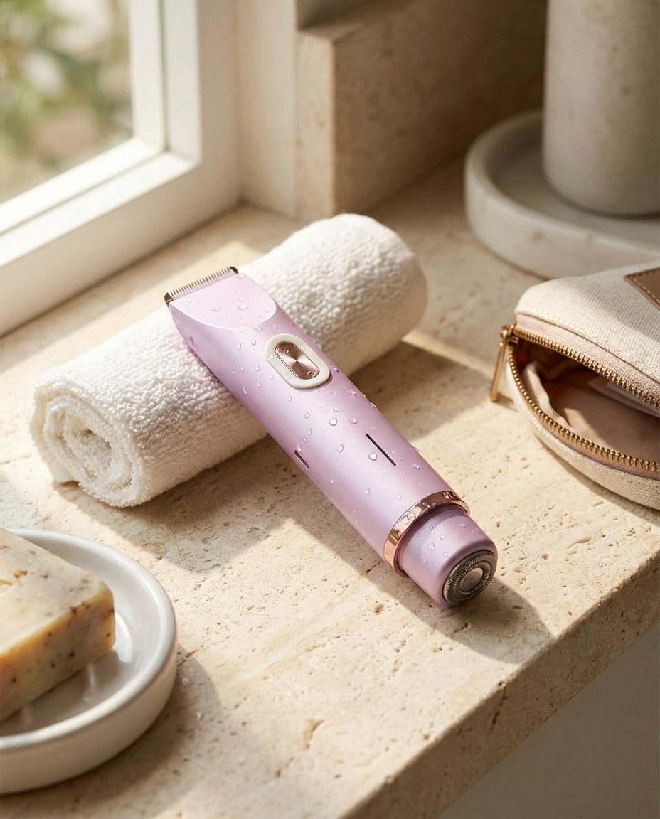 The lilac bikini trimmer resting on a stone bathroom ledge beside a rolled towel, soap dish and a small travel pouch