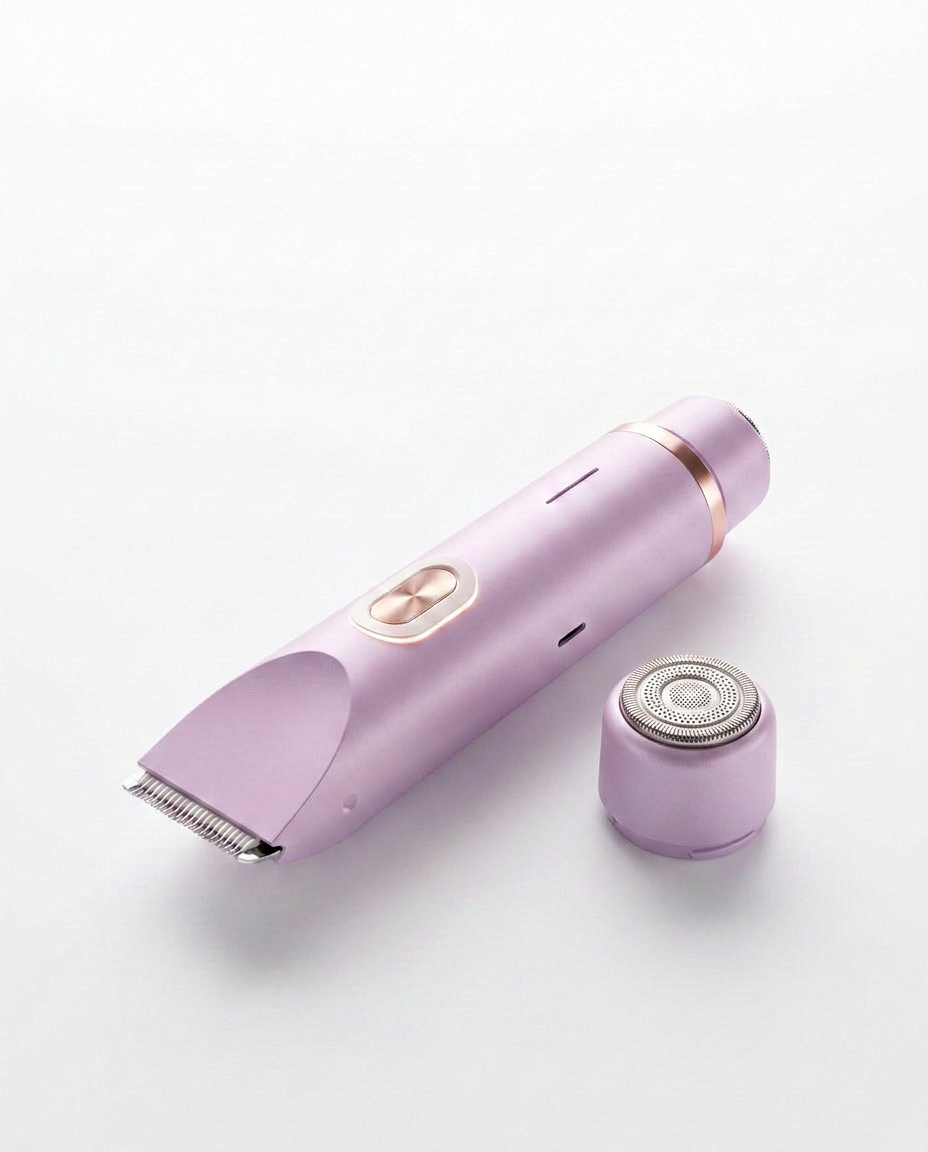 The Sunday Smooth trimmer on white with the round foil head detached beside it, showing the comb-guard teeth at one end and the foil mesh at the other