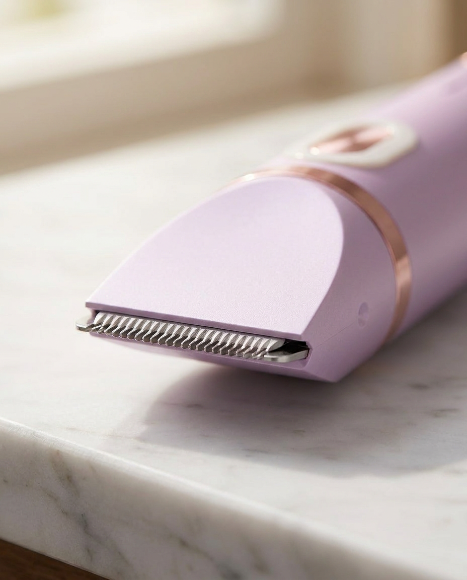 Close-up of the trimmer's cutting blade, shown with the comb guard removed