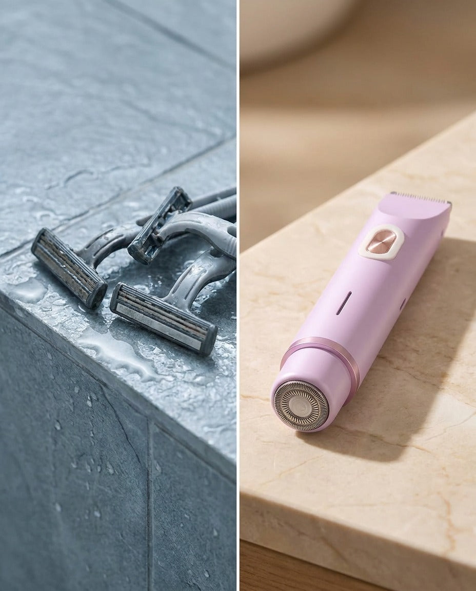 Side by side: three used disposable razors on a wet ledge, and the Sunday Smooth trimmer on a warm marble ledge