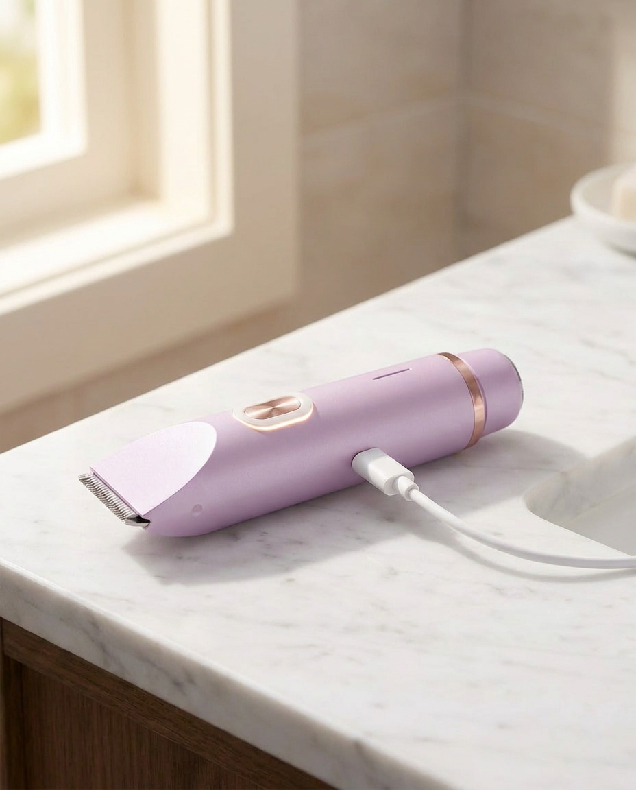 The trimmer on a marble counter with a USB-C cable plugged in, charging